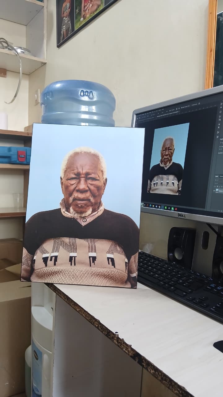 Photo Editing Desk Elderly Man Portrait Black Sweater