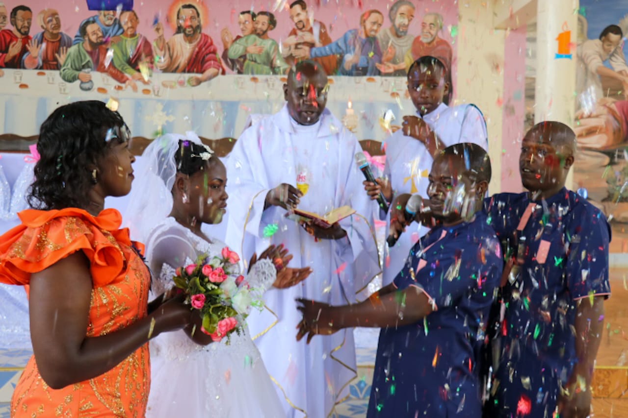 Wedding Photo Ceremony Confetti Priest Officiating