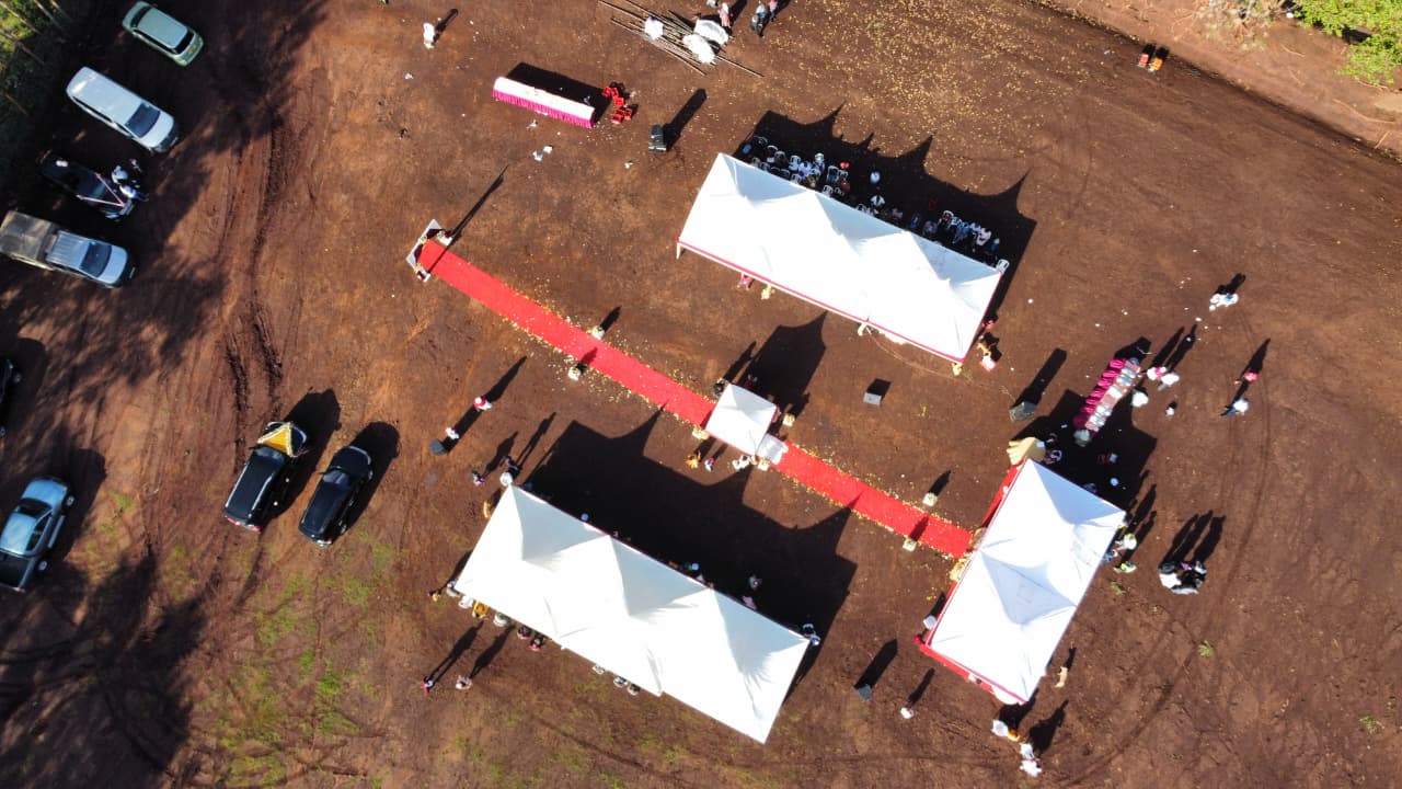 Drone Aerial Reception Tents Red Carpet Dirt Lot